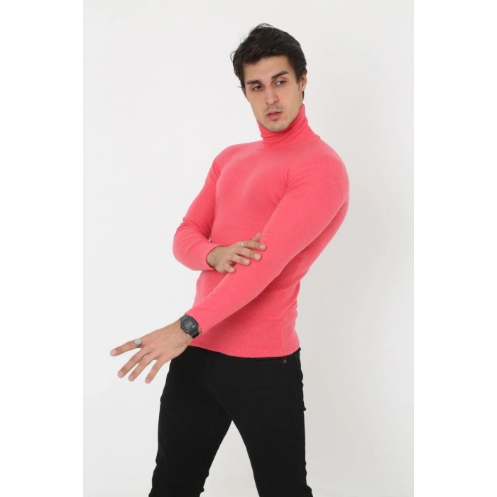 Erkek Kaşkorse Boğazlı Full Likralı Fitilli Body Kazak - Pembe