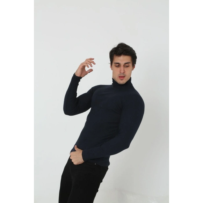 Erkek Kaşkorse Boğazlı Full Likralı Fitilli Body Kazak - Siyah