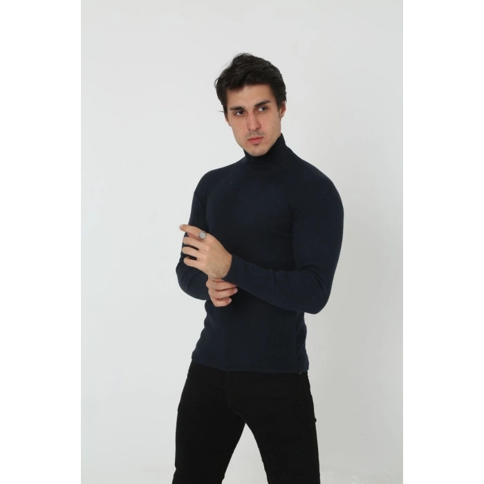 Erkek Kaşkorse Boğazlı Full Likralı Fitilli Body Kazak - Siyah