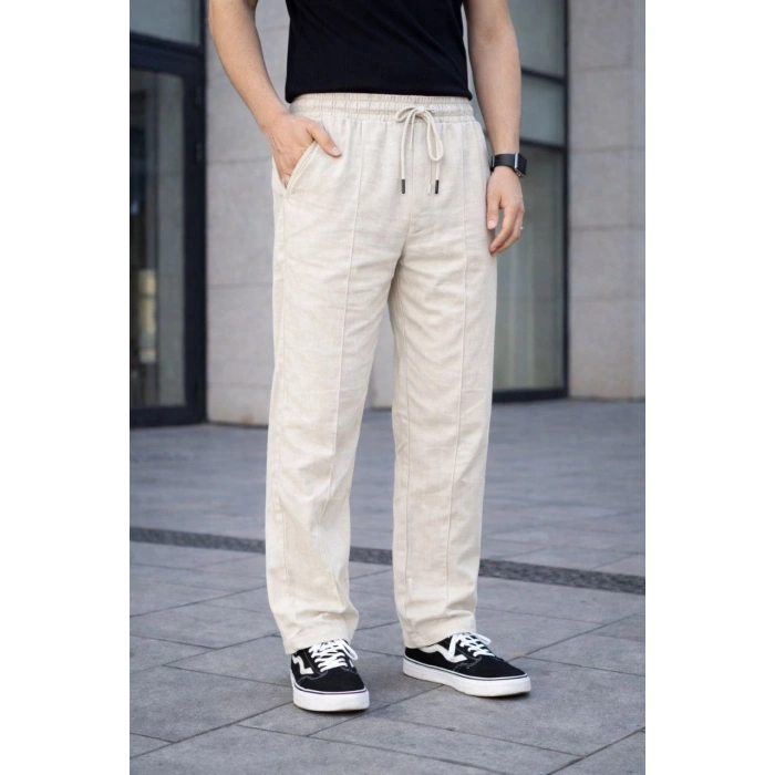 Erkek Keten Cepli Çıma Dikişli jogger Buggy Pantalon Rahat kalıp - Krem