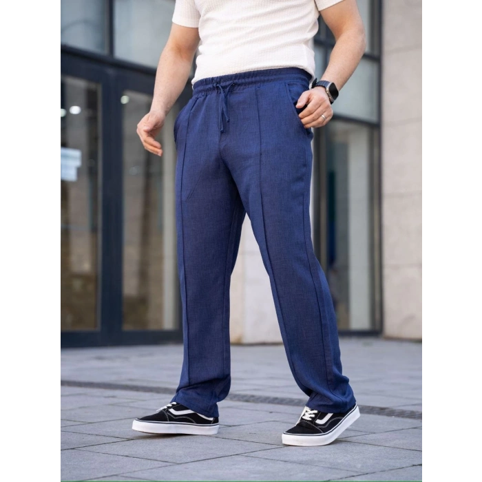 Erkek Keten Cepli Çıma Dikişli jogger Buggy Pantalon Rahat kalıp - Lacivert