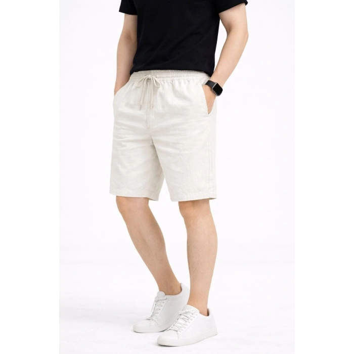 Erkek Keten Kumaş Cepli Rahat Kesim Bel Lastikli Şort - Beyaz
