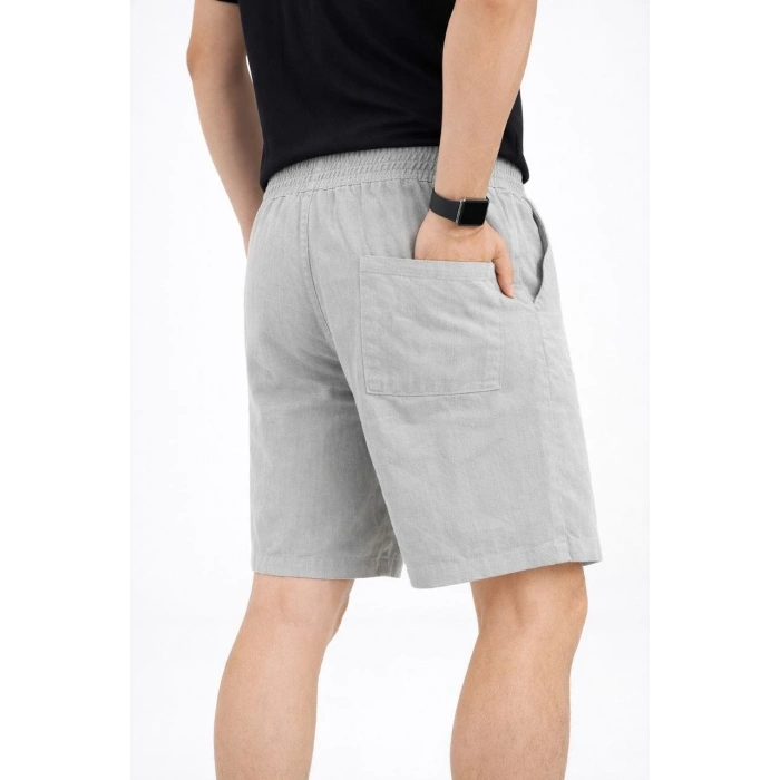 Erkek Keten Kumaş Cepli Rahat Kesim Bel Lastikli Şort - Gri