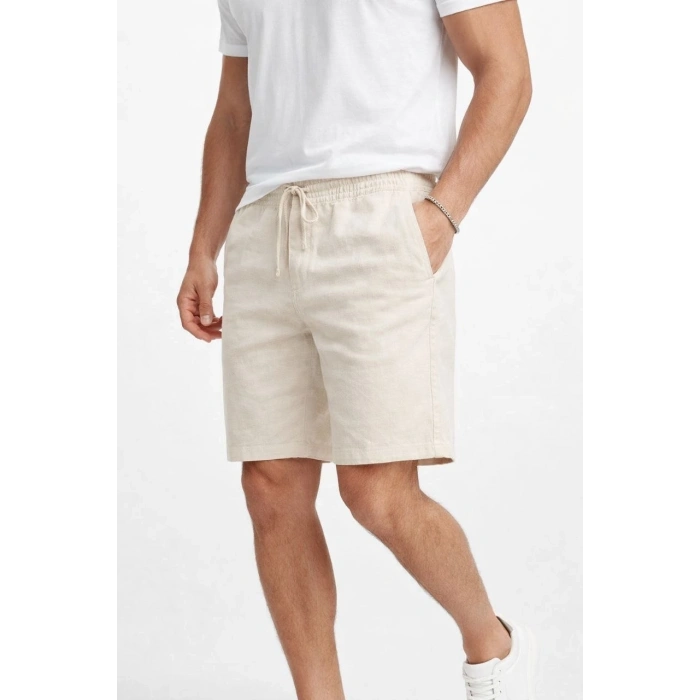 Erkek Keten Kumaş Cepli Rahat Kesim Bel Lastikli Şort - Krem