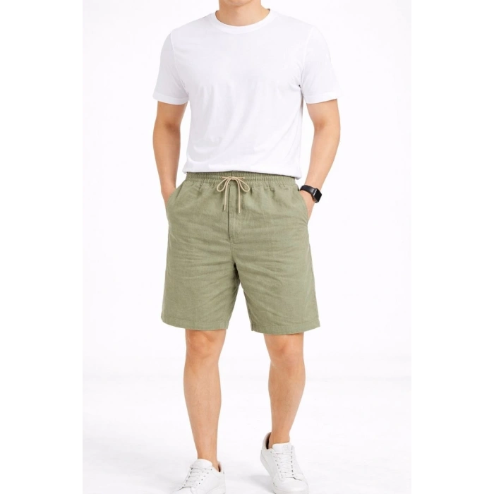 Erkek Keten Kumaş Cepli Rahat Kesim Bel Lastikli Şort - Mint Yeşili