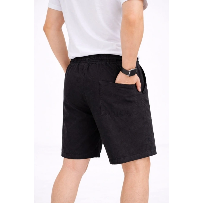 Erkek Keten Kumaş Cepli Rahat Kesim Bel Lastikli Şort - Siyah