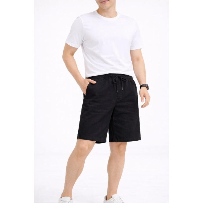Erkek Keten Kumaş Cepli Rahat Kesim Bel Lastikli Şort - Siyah