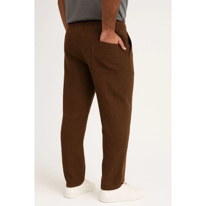 Erkek Keten Pantolon – Cepli, Beli Lastikli ve Bağcıklı, Nefes Alan Rahat Kalıp, Yazlık ve Baharlık Günlük Giyim, Şık & Konforlu Boru Paça Model - Kahverengi