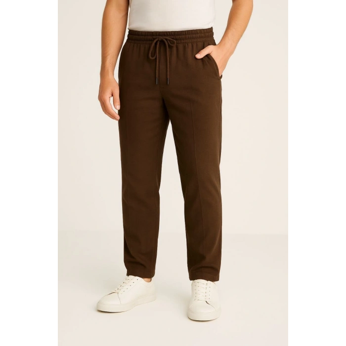 Erkek Keten Pantolon – Cepli, Beli Lastikli ve Bağcıklı, Nefes Alan Rahat Kalıp, Yazlık ve Baharlık Günlük Giyim, Şık & Konforlu Boru Paça Model - Kahverengi