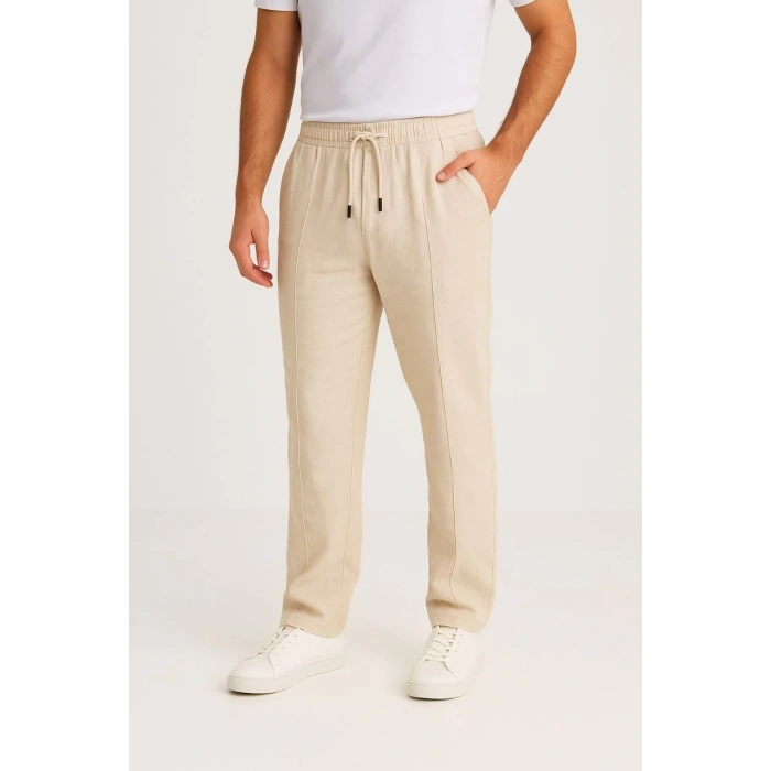 Erkek Keten Pantolon – Cepli, Beli Lastikli ve Bağcıklı, Nefes Alan Rahat Kalıp, Yazlık ve Baharlık Günlük Giyim, Şık & Konforlu Boru Paça Model - Bej