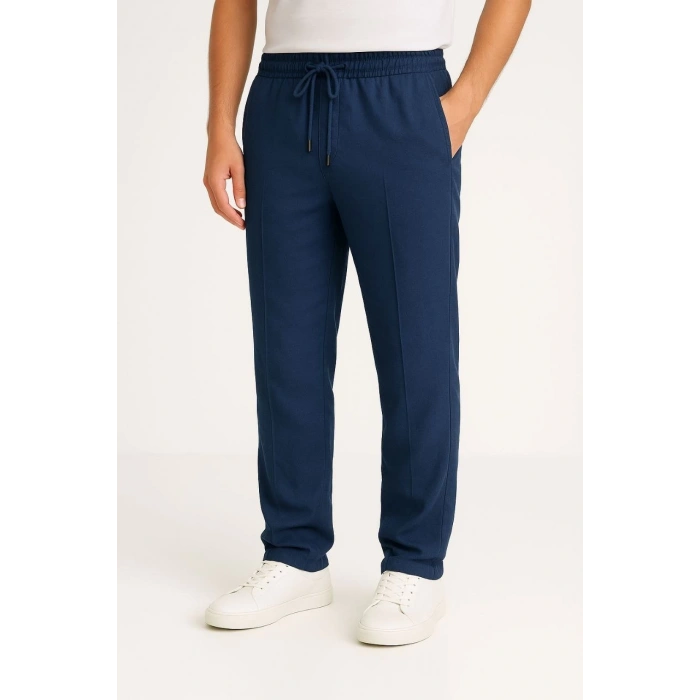 Erkek Keten Pantolon – Cepli, Beli Lastikli ve Bağcıklı, Nefes Alan Rahat Kalıp, Yazlık ve Baharlık Günlük Giyim, Şık & Konforlu Boru Paça Model - Lacivert