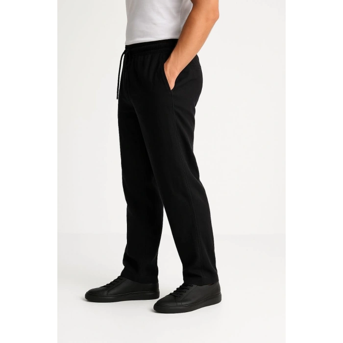Erkek Keten Pantolon – Cepli, Beli Lastikli ve Bağcıklı, Nefes Alan Rahat Kalıp, Yazlık ve Baharlık Günlük Giyim, Şık & Konforlu Boru Paça Model - Siyah
