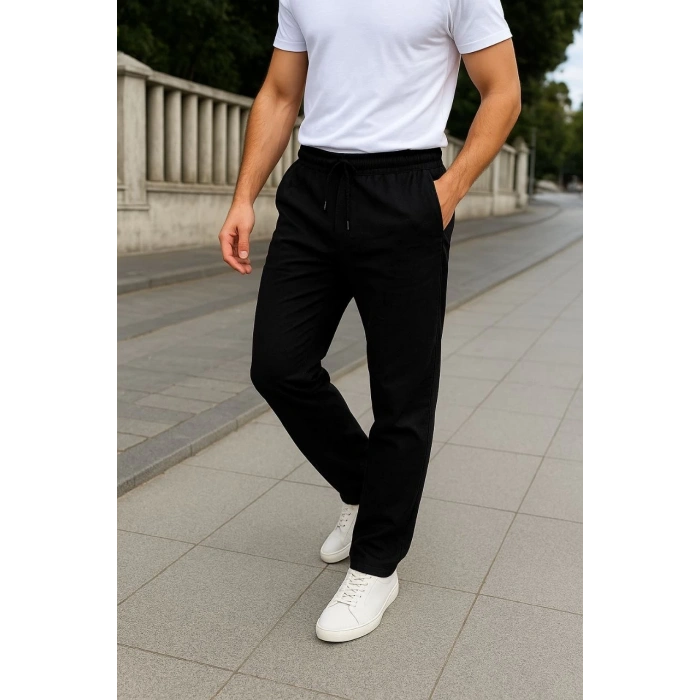 Erkek Keten Pantolon – Cepli, Beli Lastikli ve Bağcıklı, Nefes Alan Rahat Kalıp, Yazlık ve Baharlık Günlük Giyim, Şık & Konforlu Boru Paça Model - Siyah
