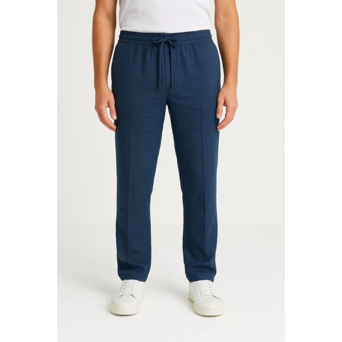 Erkek Keten Pantolon – Cepli, Beli Lastikli ve Bağcıklı, Nefes Alan Rahat Kalıp, Yazlık ve Baharlık Günlük Giyim, Şık & Konforlu Boru Paça Model - Lacivert