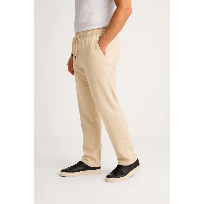 Erkek Keten Pantolon – Cepli, Beli Lastikli ve Bağcıklı, Nefes Alan Rahat Kalıp, Yazlık ve Baharlık Günlük Giyim, Şık & Konforlu Boru Paça Model - Bej