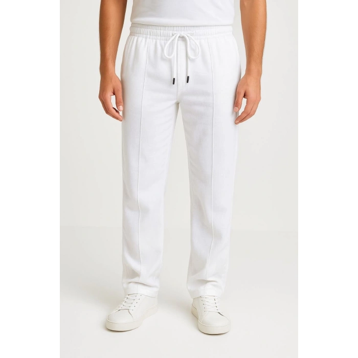 Erkek Keten Pantolon – Cepli, Beli Lastikli ve Bağcıklı, Nefes Alan Rahat Kalıp, Yazlık ve Baharlık Günlük Giyim, Şık & Konforlu Boru Paça Model - Beyaz