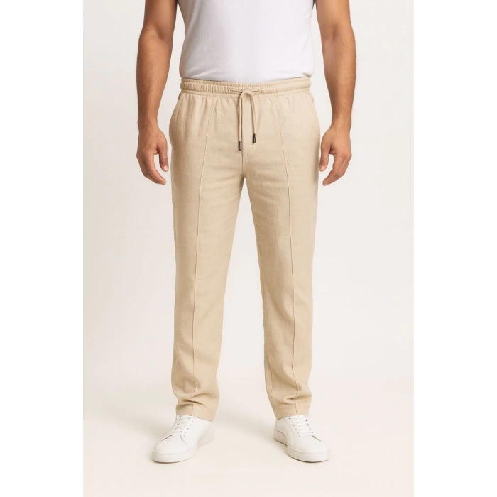 Erkek Keten Pantolon – Cepli, Beli Lastikli ve Bağcıklı, Nefes Alan Rahat Kalıp, Yazlık ve Baharlık Günlük Giyim, Şık & Konforlu Boru Paça Model - Bej