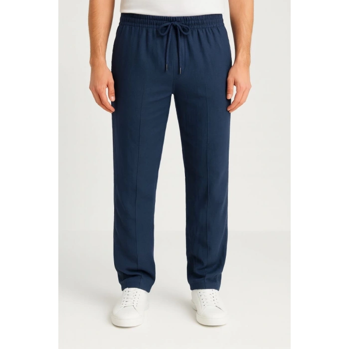 Erkek Keten Pantolon – Cepli, Beli Lastikli ve Bağcıklı, Nefes Alan Rahat Kalıp, Yazlık ve Baharlık Günlük Giyim, Şık & Konforlu Boru Paça Model - Lacivert