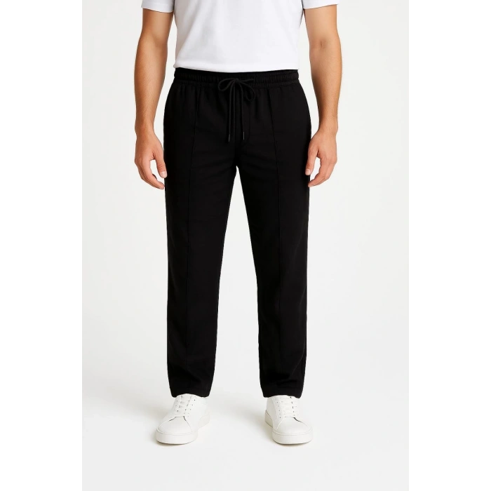 Erkek Keten Pantolon – Cepli, Beli Lastikli ve Bağcıklı, Nefes Alan Rahat Kalıp, Yazlık ve Baharlık Günlük Giyim, Şık & Konforlu Boru Paça Model - Siyah