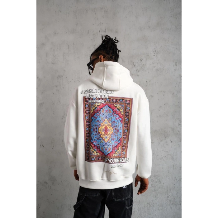 Erkek Kilim Desen Kapüşonlu Sweat- Beyaz
