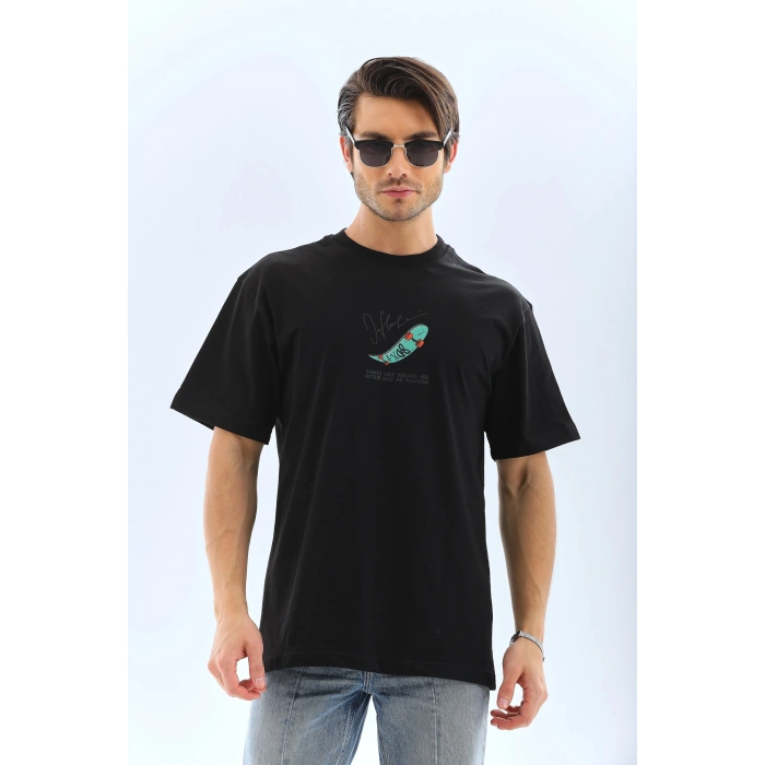 Erkek Kısa Kol Baskılı Bisiklet Yaka T-Shirt - Siyah