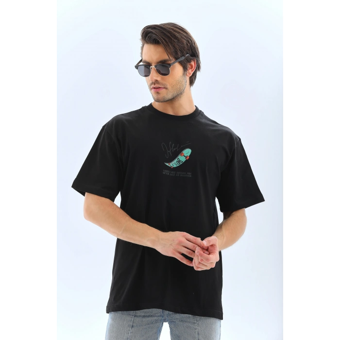 Erkek Kısa Kol Baskılı Bisiklet Yaka T-Shirt - Siyah