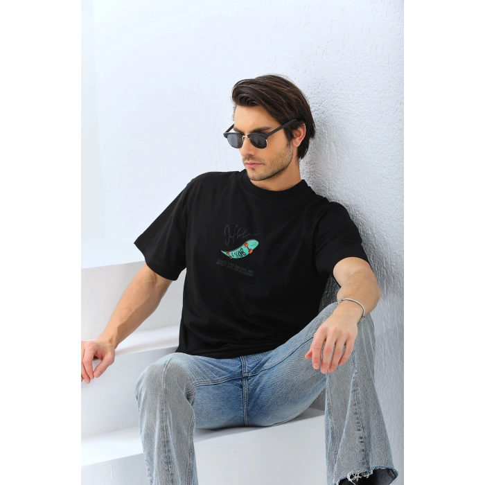 Erkek Kısa Kol Baskılı Bisiklet Yaka T-Shirt - Siyah