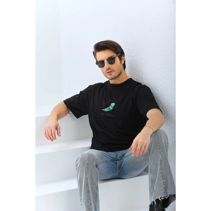 Erkek Kısa Kol Baskılı Bisiklet Yaka T-Shirt - Siyah