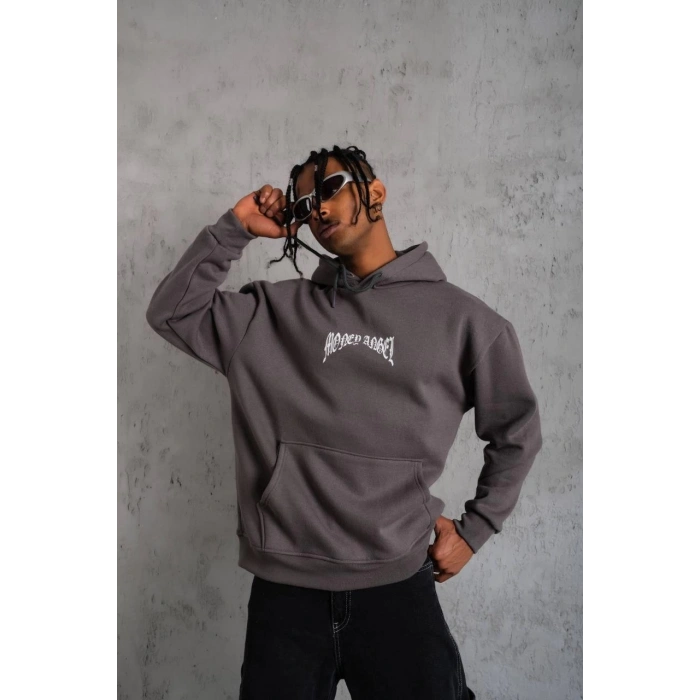 Erkek Kordon İpli Baskılı Kapüşonlu Sweatshirt - Füme