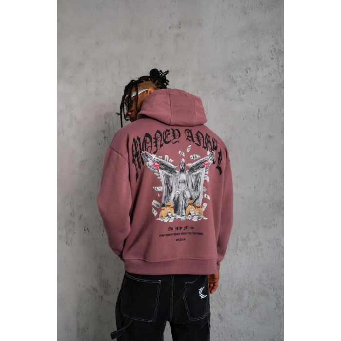 Erkek Kordon İpli Baskılı Kapüşonlu Sweatshirt - Gül Kurusu