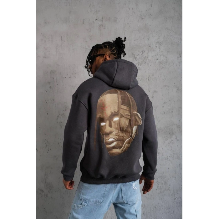 Erkek Kordonlu Arka Maske Kordon Saçlı Kapüşonlu - Füme