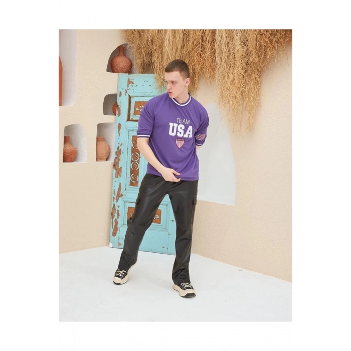 Erkek Nakış İşlemeli T-Shirt Kısa Kol Bisiklet Yaka Ovarsize Tişört - Mor