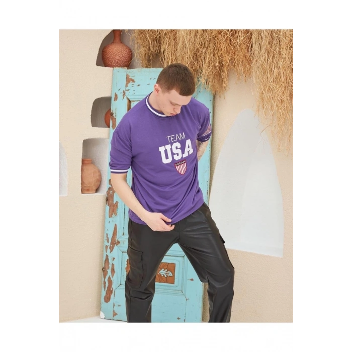 Erkek Nakış İşlemeli T-Shirt Kısa Kol Bisiklet Yaka Ovarsize Tişört - Mor