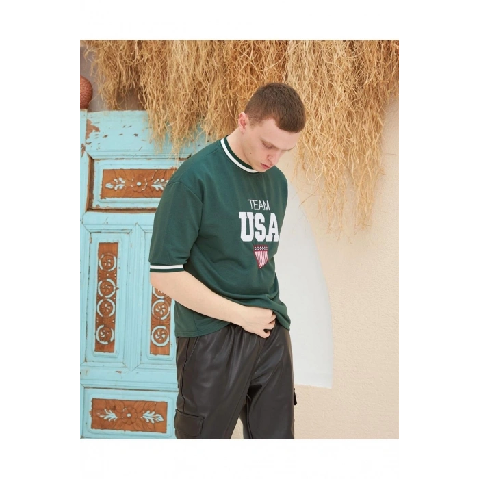 Erkek Nakış İşlemeli T-Shirt Kısa Kol Bisiklet Yaka Ovarsize Tişört - Yeşil