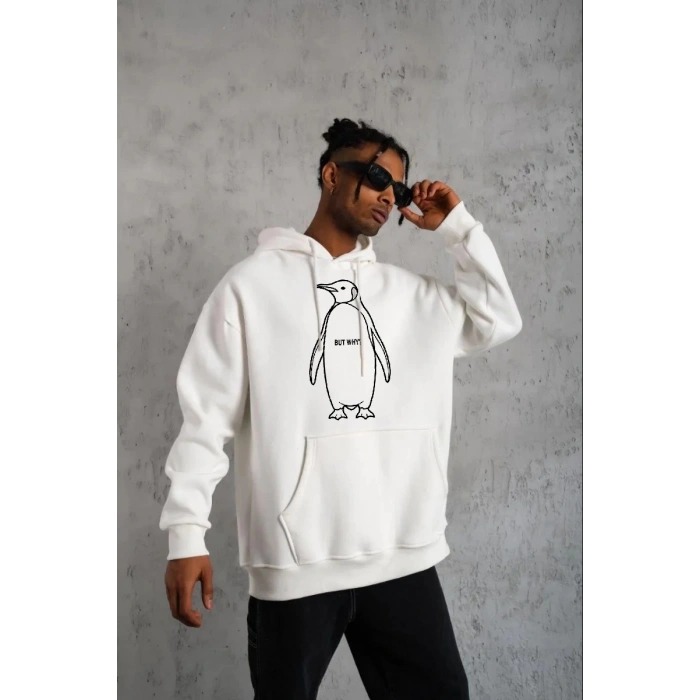 Erkek Nihilist Penguen Özel Tasarım Oversize Kapüşonlu Sweatshirt - Beyaz