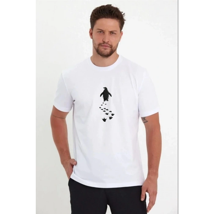 Erkek Nihilist Penguen Temalı Oversize Bisiklet Yaka Tişört - Beyaz