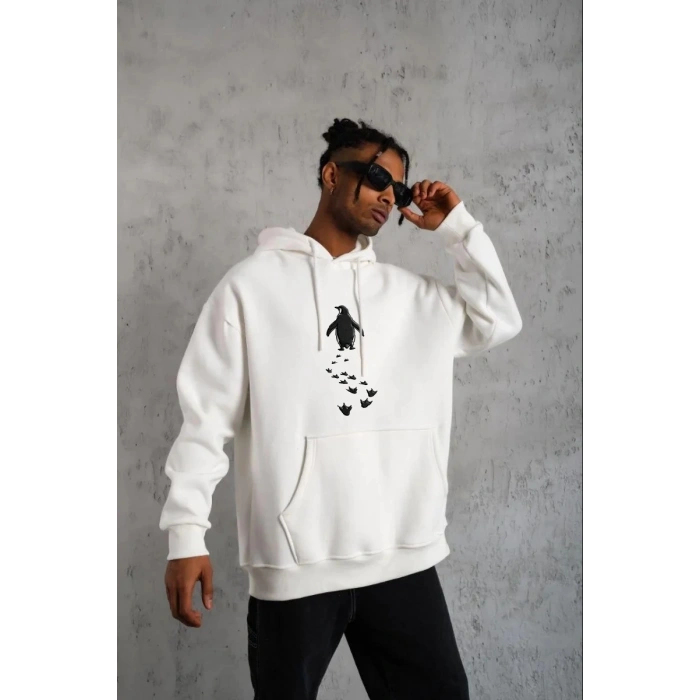 Erkek Nihilist Penguen Temalı Oversize Kapüşonlu Sweatshirt - Beyaz