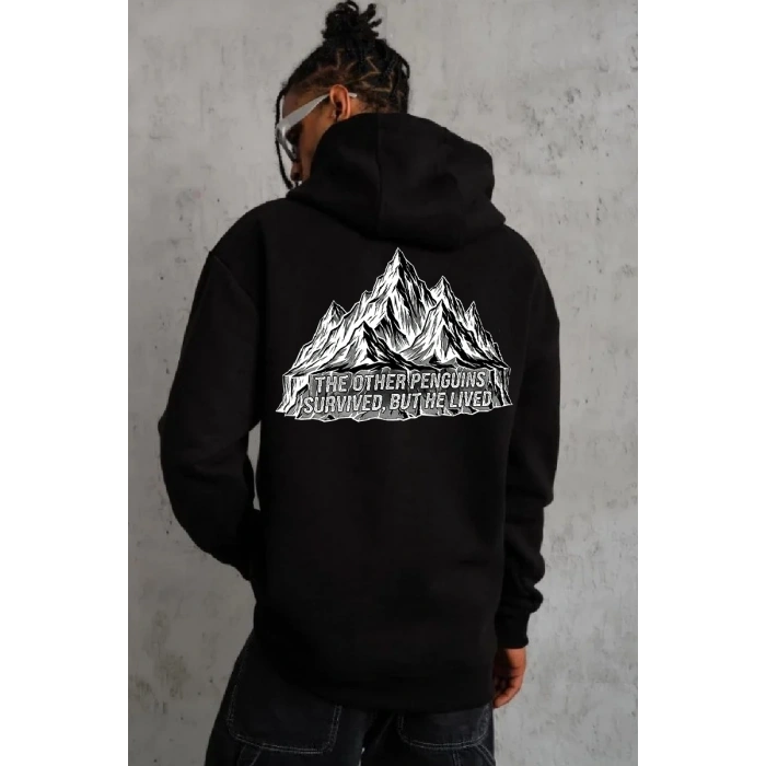 Erkek Nihilist Penguen Temalı Oversize Kapüşonlu Sweatshirt - Siyah