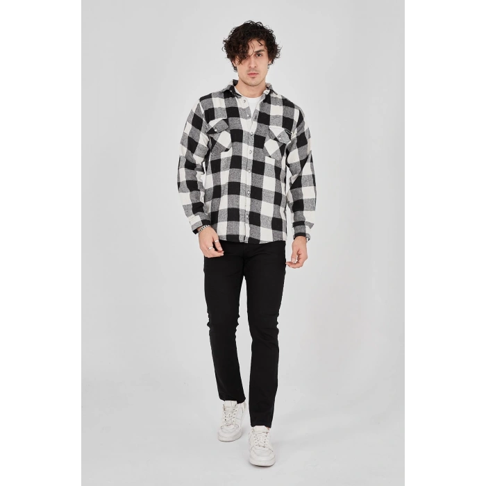 Erkek Oduncu Gömlek – Uzun Kollu, Şardonlu Kumaş, Kareli Desen, Regular Fit, Manşetli, Çift Cepli, Rahat Günlük Bahar & Kış Stil - Siyah