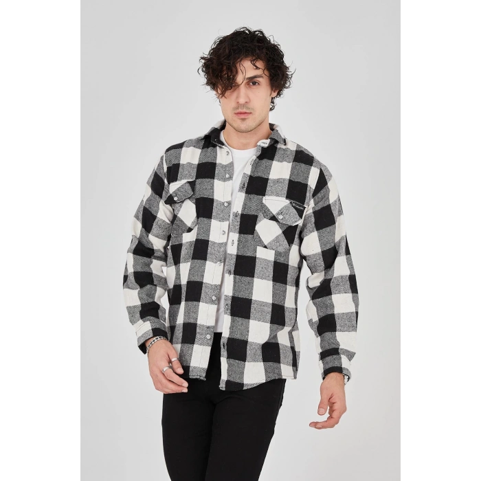 Erkek Oduncu Gömlek – Uzun Kollu, Şardonlu Kumaş, Kareli Desen, Regular Fit, Manşetli, Çift Cepli, Rahat Günlük Bahar & Kış Stil - Siyah