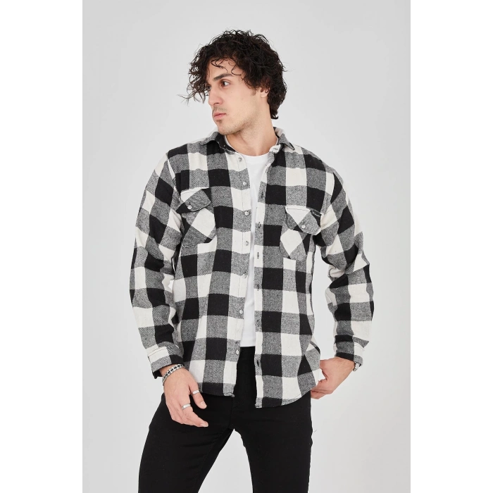 Erkek Oduncu Gömlek – Uzun Kollu, Şardonlu Kumaş, Kareli Desen, Regular Fit, Manşetli, Çift Cepli, Rahat Günlük Bahar & Kış Stil - Siyah