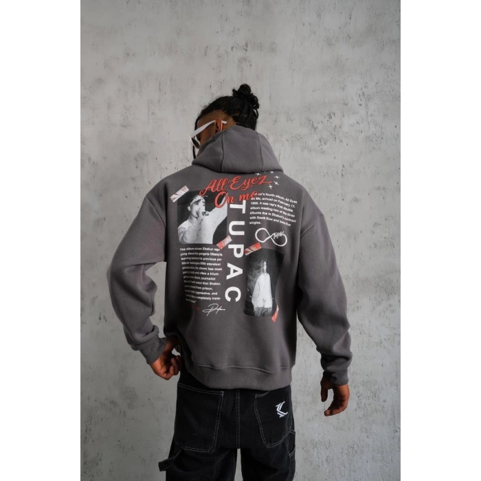 Erkek Ön Arka Baskılı Kapşonlu Sweat - Gri