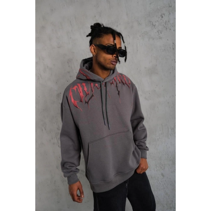 Erkek Ön ve Arka Baskılı Kapüşonlu 3 İplik Sweatshirt - Füme