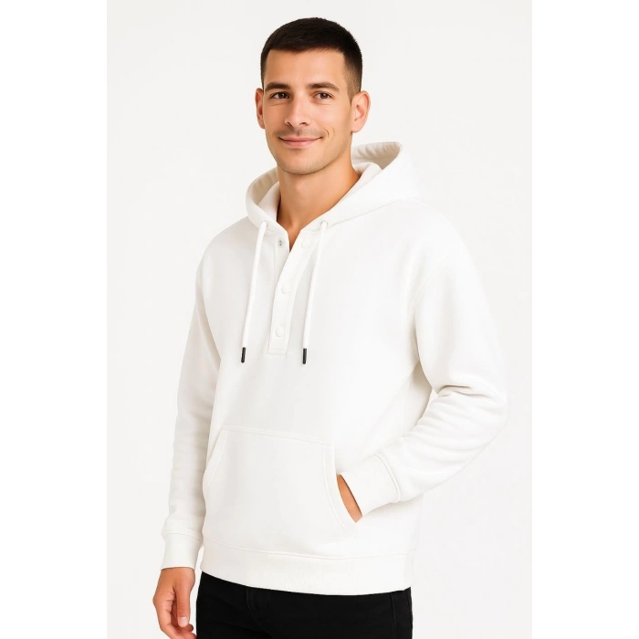 Erkek Ovarsize Kapüşonlu Swetshirt Kanguru Çepli Cıtcıtlı 3 iplik Şardonlu Hoodie - Beyaz