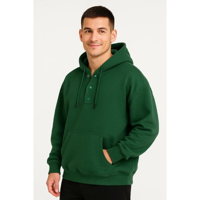 Erkek Ovarsize Kapüşonlu Swetshirt Kanguru Çepli Cıtcıtlı 3 iplik Şardonlu Hoodie - Haki