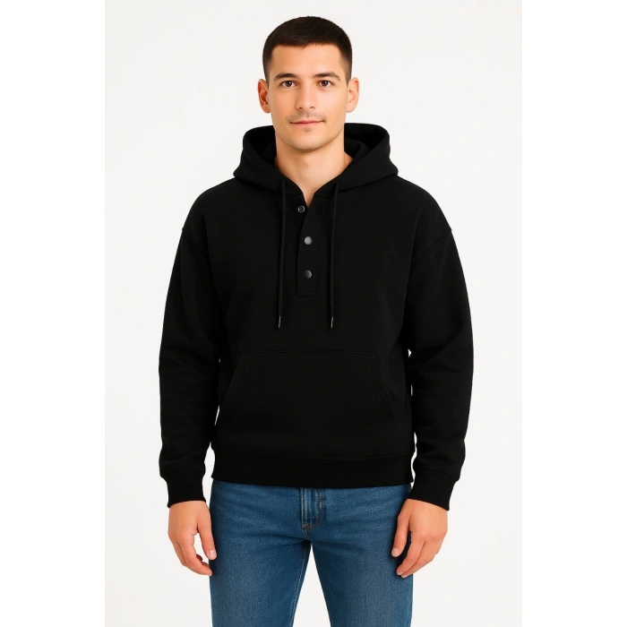 Erkek Ovarsize Kapüşonlu Swetshirt Kanguru Çepli Cıtcıtlı 3 iplik Şardonlu Hoodie - Siyah