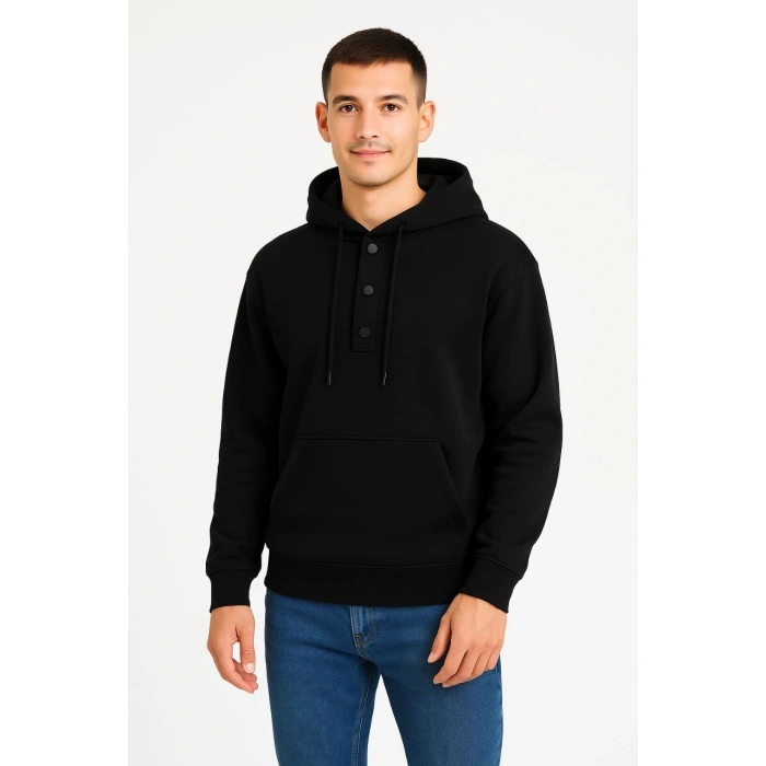 Erkek Ovarsize Kapüşonlu Swetshirt Kanguru Çepli Cıtcıtlı 3 iplik Şardonlu Hoodie - Siyah