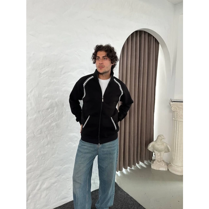 Erkek Oversize Dik Yaka Fermuarlı Sweatshirt - Zincir Nakışli Kanguru Cepli - Siyah
