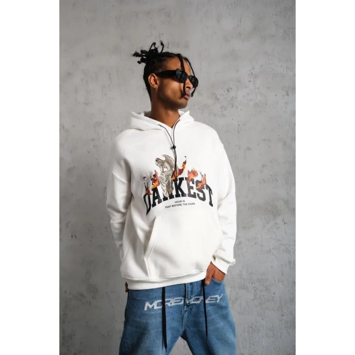Erkek Oversize Kapüşonlu Sweatshirt – Beyaz Renk Üç İplik İçi Pamuklu Kanguru Cepli Baskılı Hoodie Rahat Kalıp Kışlık Günlük Kombinlere Uygun - Beyaz
