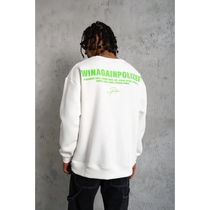 Erkek Oversize Sweatshirt – Beyaz Renk | Ön ve Sırt Baskılı, Üç İplik İçi Pamuklu Kumaş, Rahat Kalıp, Ribanalı Kışlık Sweat | Winagain Polizei Serisi - Beyaz